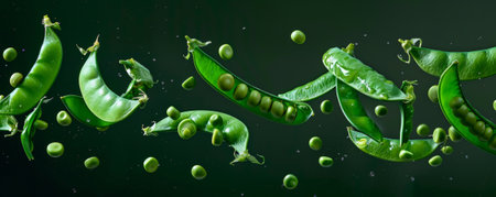 Crisp, green snap peas in various stages of being split open, floating in mid-air, showing their sweet and crunchy texture.の素材