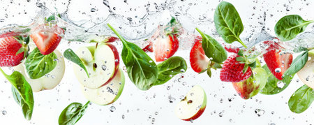 Crisp apples, strawberries, and spinach leaves flying through the air with water splashes, set against a bright white background, symbolizing health and freshness.の素材