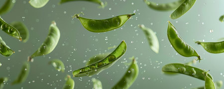 Crisp, green snap peas floating in mid-air, some split open, showing their sweet and crunchy texture.の素材