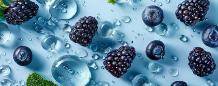 Fresh blueberries, blackberries, and mint leaves soaring together with water droplets, set against a light blue background, highlighting their vibrant and refreshing qualities.の素材