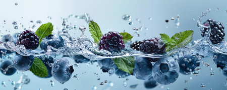 Fresh blueberries, blackberries, and mint leaves soaring together with water droplets, set against a light blue background, emphasizing their vibrant and refreshing qualities.の素材