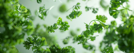 Fresh herbs like parsley, cilantro, and thyme, floating in the air, creating an aromatic and visually appealing composition.の素材