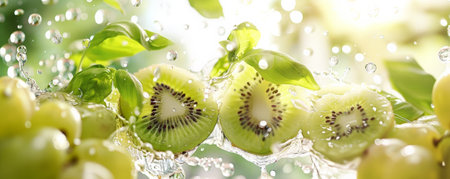 Fresh kiwi slices, grapes, and basil leaves floating mid-air with water droplets, set against a sunny background, creating a refreshing and energetic summer vibe.の素材