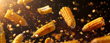 Bright, yellow corn kernels flying in mid-air, some still attached to the cob, showcasing their juicy and sweet nature with a hint of char from grilling.の素材