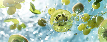 Fresh kiwi slices, grapes, and mint leaves floating mid-air with water droplets, set against a sunny background, creating a refreshing and energetic summer vibe.の素材