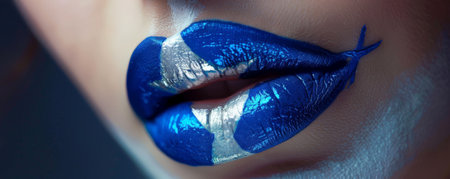 Close-up of a woman's lips painted in the colors of the Israeli flag. The blue and white stripes, along with a Star of David, are carefully designed, creating a stylish look.の素材