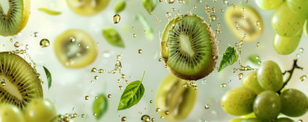Fresh kiwi slices, grapes, and basil leaves floating mid-air with water droplets, set against a sunny background, creating a refreshing and energetic summer vibe.の素材