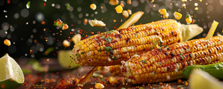 Char-grilled corn on the cob with golden kernels, flying in mid-air with melted herb butter and a dusting of smoked paprika, lime wedges scattered around.の素材