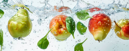 Crisp apples, pears, and spinach leaves floating mid-air with splashes of water, set against a bright white background, symbolizing freshness and health.の素材