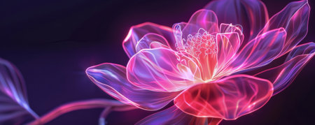 A transparent glass flower with neon pink light outlining its petals. The soft glow of the neon light adds a touch of elegance and modernity to the abstract floral design.の素材