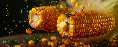 Freshly grilled corn on the cob, floating in mid-air with butter melting and parsley.ai generatedの素材