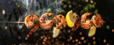Freshly grilled shrimp skewers with char marks, flying in the air with lemon wedges and herbs.ai generatedの素材
