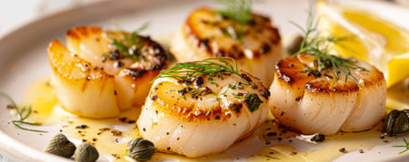 Freshly grilled scallops with a golden-brown sear, with a drizzle of lemon butter, garnished with capers and dill.ai generatedの素材