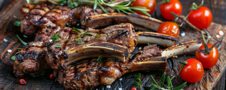 Freshly grilled lamb chops with perfect char marks, with a rosemary and garlic marinade, accompanied by roasted cherry tomatoes and a hint of mint.ai generatedの素材