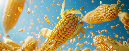 Freshly harvested corn cobs, flying in the air with corn kernels scattered around, showing their natural sweetness and freshness.ai generatedの素材