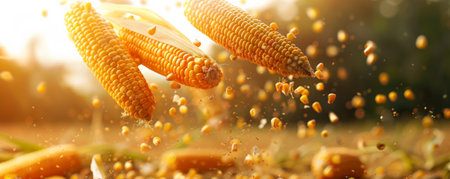 Freshly harvested corn cobs, flying in the air with corn kernels scattered around, showing their natural sweetness and freshness.ai generatedの素材