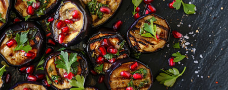 Grilled eggplant rounds with charred edges, with a tahini drizzle, garnished with pomegranate seeds and chopped mint.ai generatedの素材