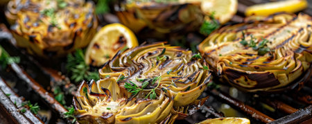 Grilled artichoke halves, with lemon butter and herbs.ai generatedの素材