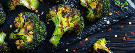 Grilled broccoli florets with char marks, flying with a drizzle of lemon olive oil, garnished with parmesan and crushed red pepper flakes.ai generatedの素材