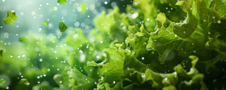 Fresh, green lettuce leaves floating in mid-air, droplets of water glistening on their surface, showing their fresh and crisp texture.ai generatedの素材