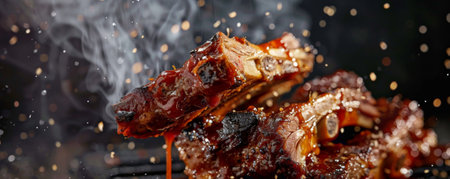 Grilled beef ribs with barbecue sauce, flying in the air with smoke and char marks.ai generatedの素材
