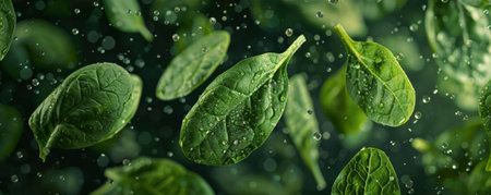 Fresh, vibrant green spinach leaves floating in mid-air, droplets of water glistening on their surface, showcasing their tender texture.ai generatedの素材