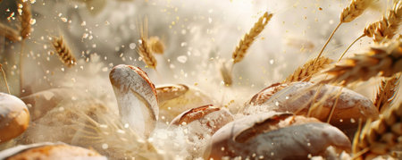 Freshly baked bread slices and baguettes flying in mid-air, surrounded by wheat stalks and flour dust, creating a rustic and appetizing scene.ai generatedの素材