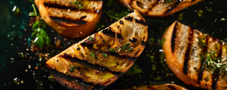 Grilled bread slices with char marks, floating in mid-air with olive oil and herbs.ai generatedの素材