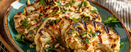 Grilled cauliflower steaks with crispy, charred edges, flying with a tahini drizzle, garnished with pine nuts and chopped parsley.ai generatedの素材