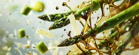 Freshly grilled asparagus spears with crispy tips, flying in mid-air with a drizzle of balsamic reduction, topped with shaved parmesan and lemon zest.ai generatedの素材