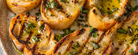 Grilled bread slices with char marks, floating in mid-air with olive oil and herbs.ai generatedの素材
