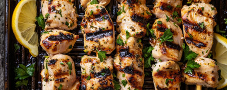 Grilled chicken skewers with char marks, floating with a lemon herb marinade, garnished with chopped parsley and lemon wedges.ai generatedの素材