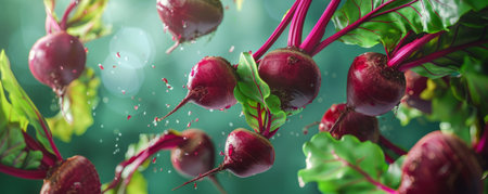 Fresh, red beets with their leaves attached, floating in mid-air, showcasing their vibrant color and earthy flavor.ai generatedの素材
