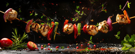 Grilled chicken kebabs with vegetables, flying in the air with herbs and spices.ai generatedの素材