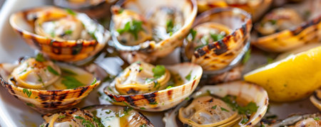 Grilled clams with char marks, with a garlic butter drizzle, garnished with fresh parsley and lemon wedges for a seafood delight.ai generatedの素材