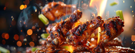 Grilled chicken wings with crispy, charred skin, flying in mid-air with a spicy buffalo sauce, garnished with celery sticks and blue cheese dressing.ai generatedの素材