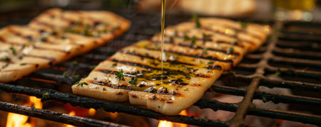 Grilled flatbread with char marks, with olive oil and herbs.ai generatedの素材