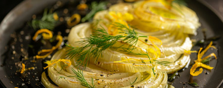 Grilled fennel slices with crispy edges, flying with a splash of olive oil, garnished with fresh dill and orange zest.ai generatedの素材