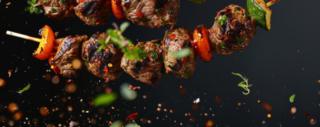 Grilled lamb kebabs with vegetables, flying in the air with herbs and spices.ai generatedの素材