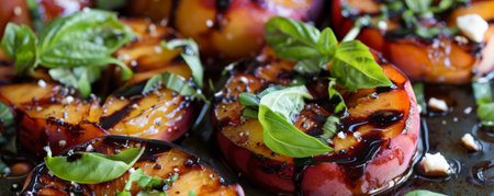 Grilled peaches with caramelized edges, with a balsamic glaze, garnished with fresh basil and crumbled goat cheese.ai generatedの素材