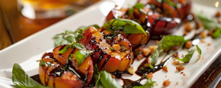 Grilled nectarines with caramelized surfaces, with a balsamic reduction, garnished with fresh basil and goat cheese crumbles.ai generatedの素材
