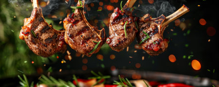 Grilled lamb chops with rosemary and garlic, flying in the air with char marks and herbs.ai generatedの素材