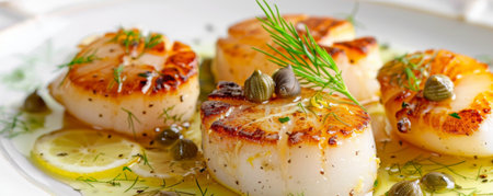Grilled scallops with a golden-brown sear, floating with a lemon butter sauce, garnished with capers and dill for a delicate seafood dish.ai generatedの素材