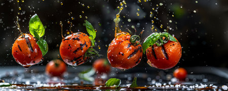 Grilled tomatoes with char marks, floating in mid-air with a splash of olive oil, garnished with fresh basil and sea salt.ai generatedの素材
