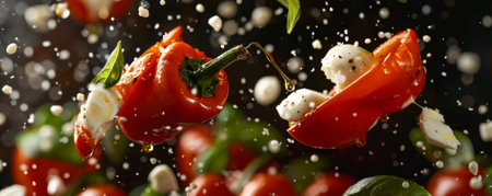 Grilled red bell peppers with charred skins, flying with an olive oil drizzle, garnished with fresh basil and mozzarella pearls.ai generatedの素材