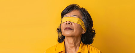 Portrait of a middle-aged Asian woman with a blindfold, posed against a bright yellow background with ample copy space.ai generatedの素材