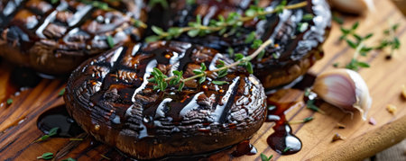 Grilled portobello mushroom caps with deep char lines, floating with a balsamic vinegar drizzle, garnished with fresh thyme and garlic chips.ai generatedの素材