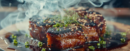 Grilled pork belly with crispy edges, with a honey-soy glaze, garnished with green onions and sesame seeds.ai generatedの素材