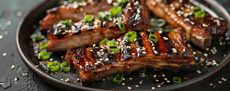 Grilled pork belly slices with crispy edges, flying with a honey-soy glaze, garnished with green onions and sesame seeds.ai generatedの素材
