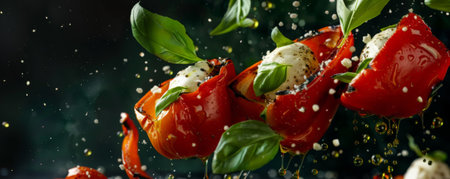 Grilled red bell peppers with charred skins, flying with an olive oil drizzle, garnished with fresh basil and mozzarella pearls.ai generatedの素材